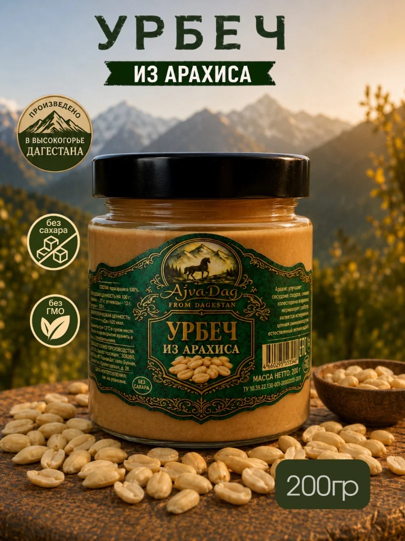 Урбеч из арахиса 100%, без сахара, 200г