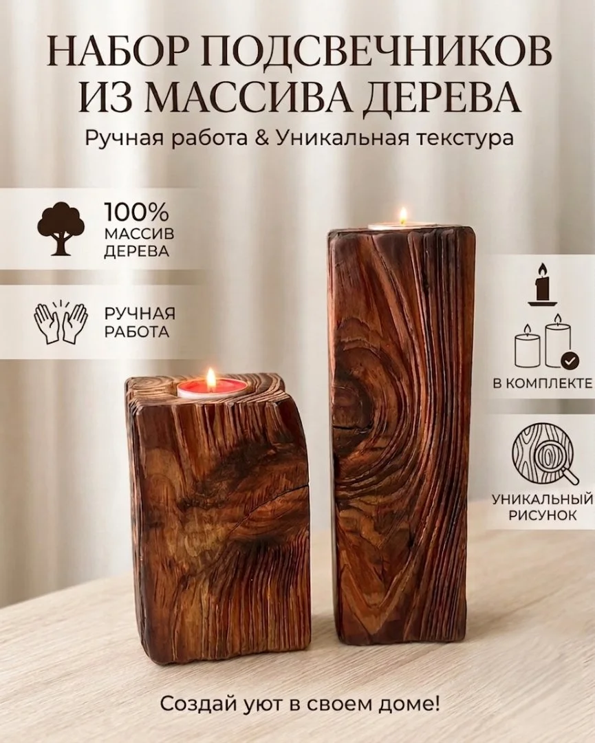 Комплект (2шт.) Подсвечников лофт из брашированной амбарной доски - изображение 1