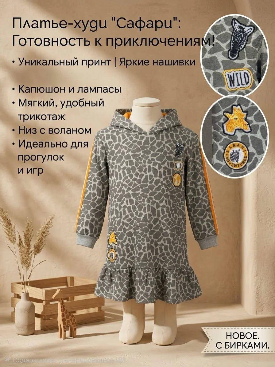 Стильное детское платье-худи с принтом (новое) - миниатюра 2