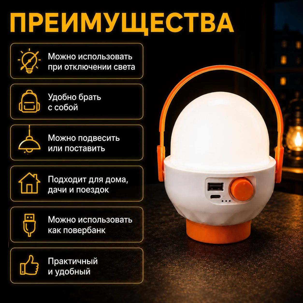 Аккумуляторная LED лампа с USB - миниатюра 2