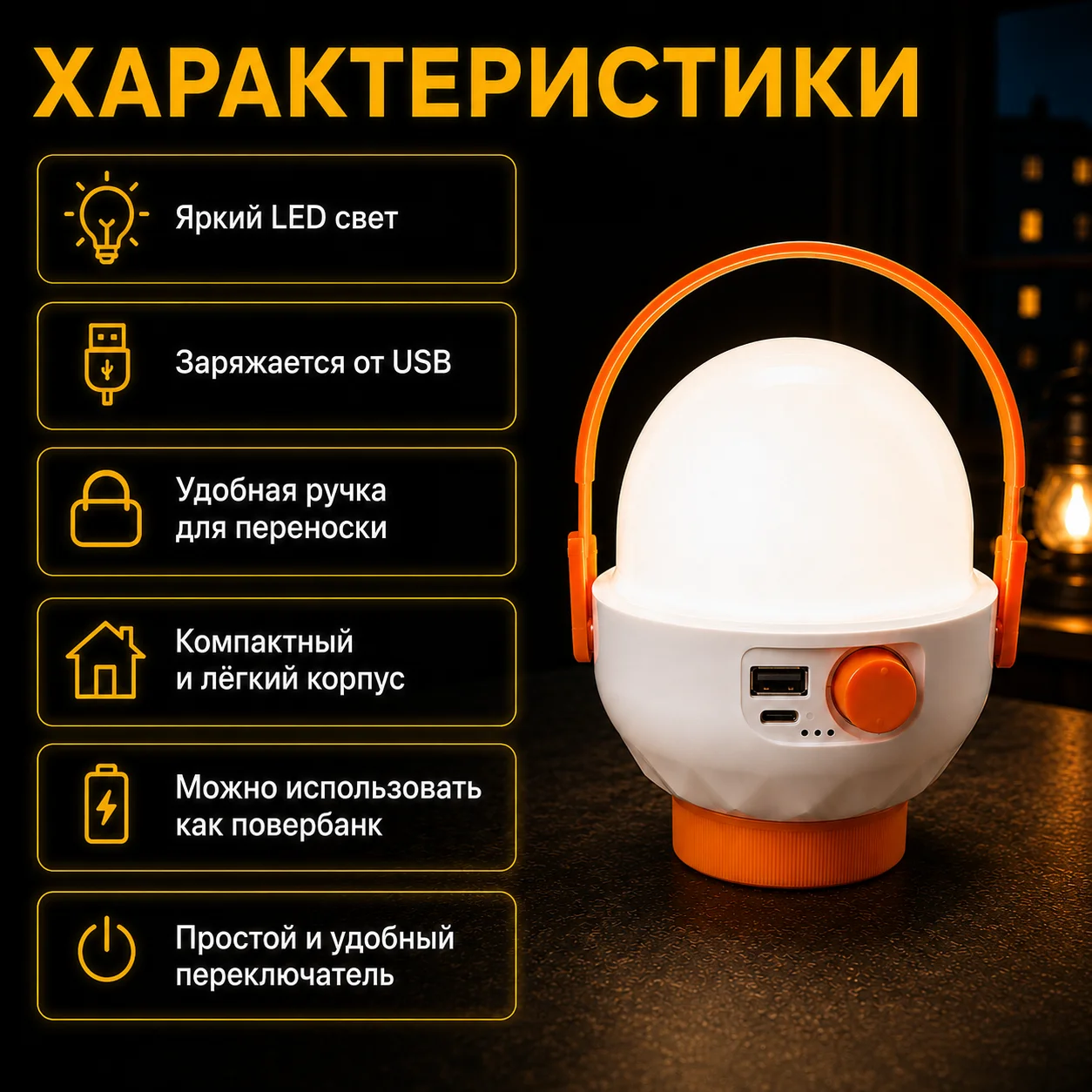 Аккумуляторная LED лампа с USB - миниатюра 3