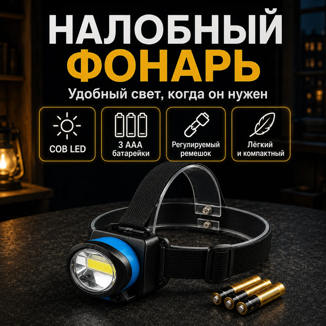 Налобный фонарь COB LED на батарейках - изображение 1