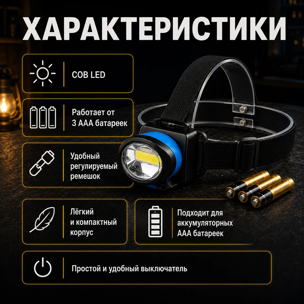 Налобный фонарь COB LED на батарейках - миниатюра 2