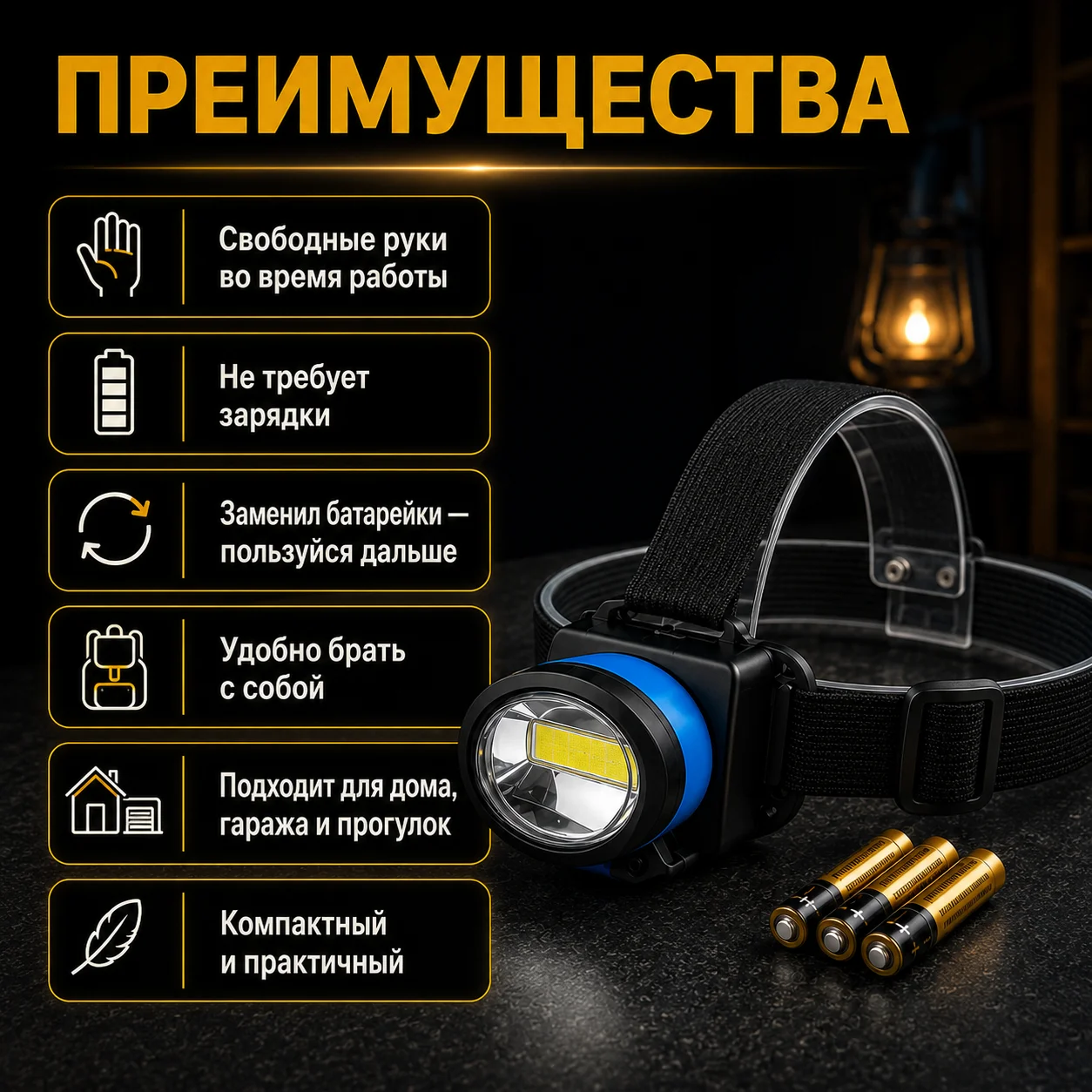 Налобный фонарь COB LED на батарейках - миниатюра 3
