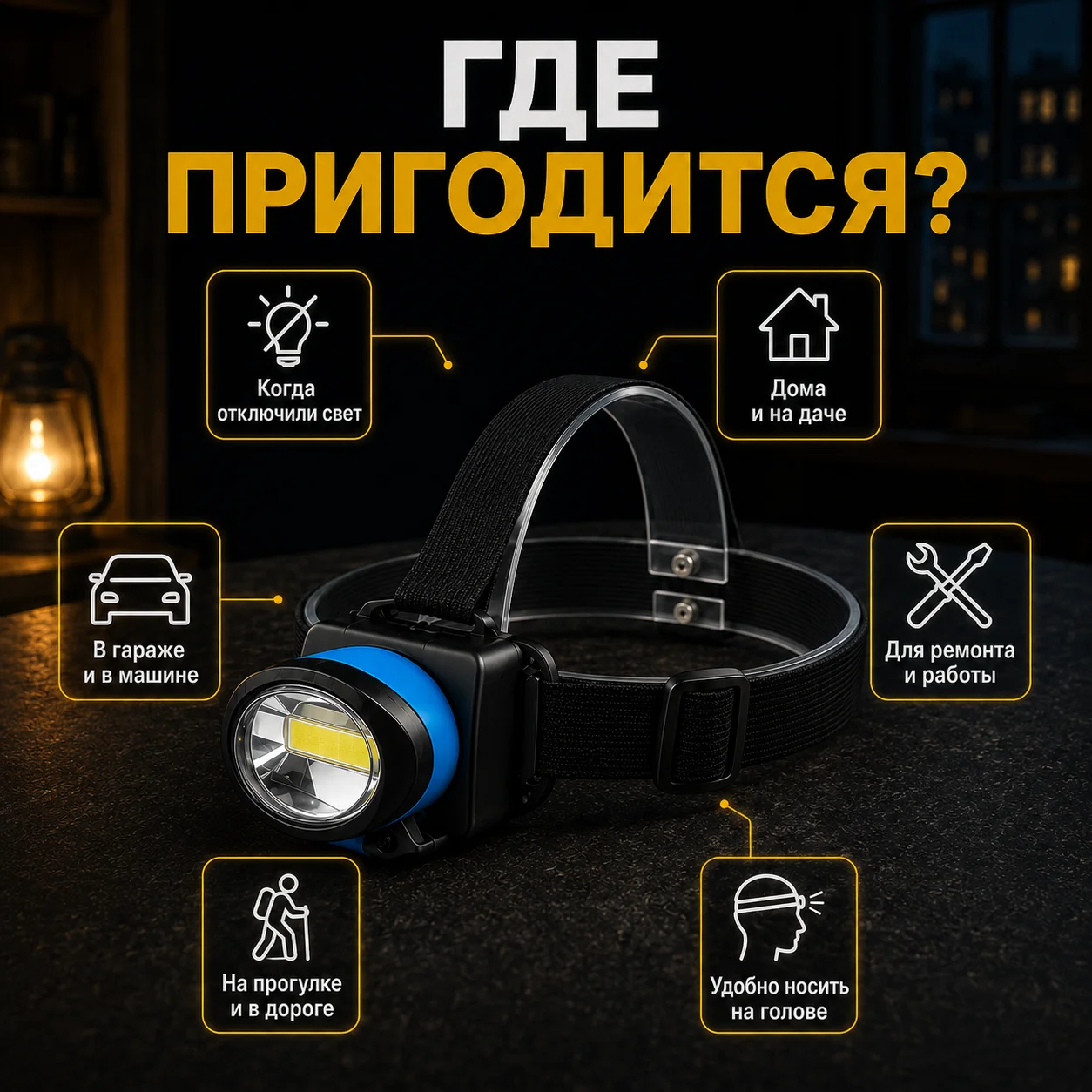 Налобный фонарь COB LED на батарейках - миниатюра 4