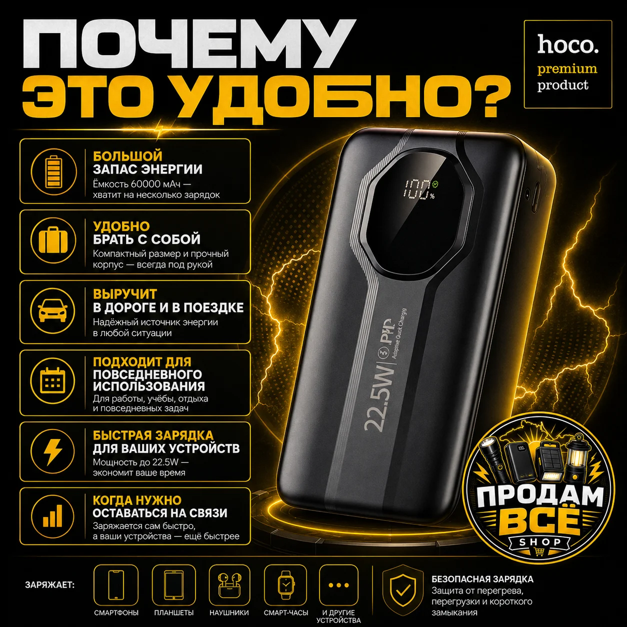 Мощный Powerbank HOCO 60 000 mAh - миниатюра 3