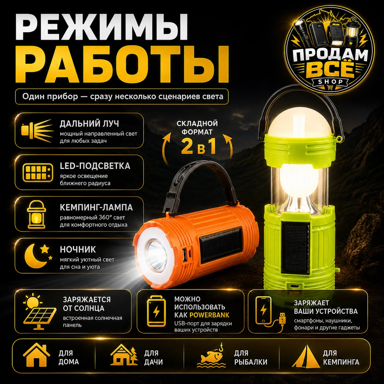 Многофункциональная кемпинг-лампа 2 в 1 - миниатюра 3
