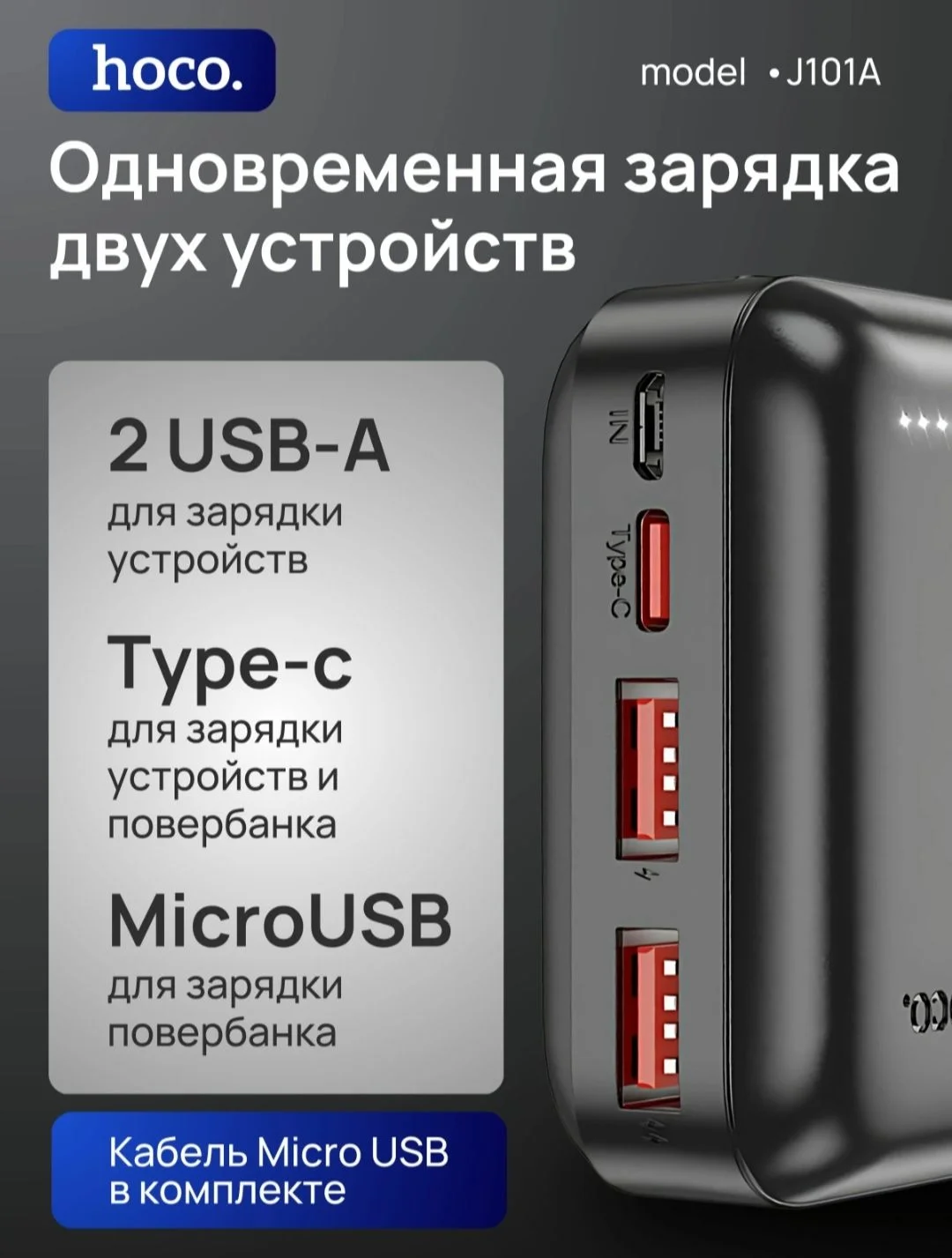 Мощный Повербанк Hoco J101A 20000 mAh - миниатюра 3
