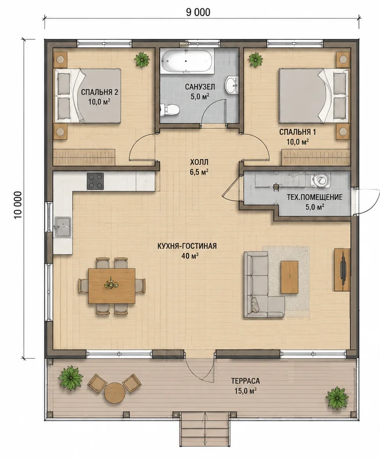 Каркасный дом 90м2 с гостиной 40м2 и террасой - миниатюра 7
