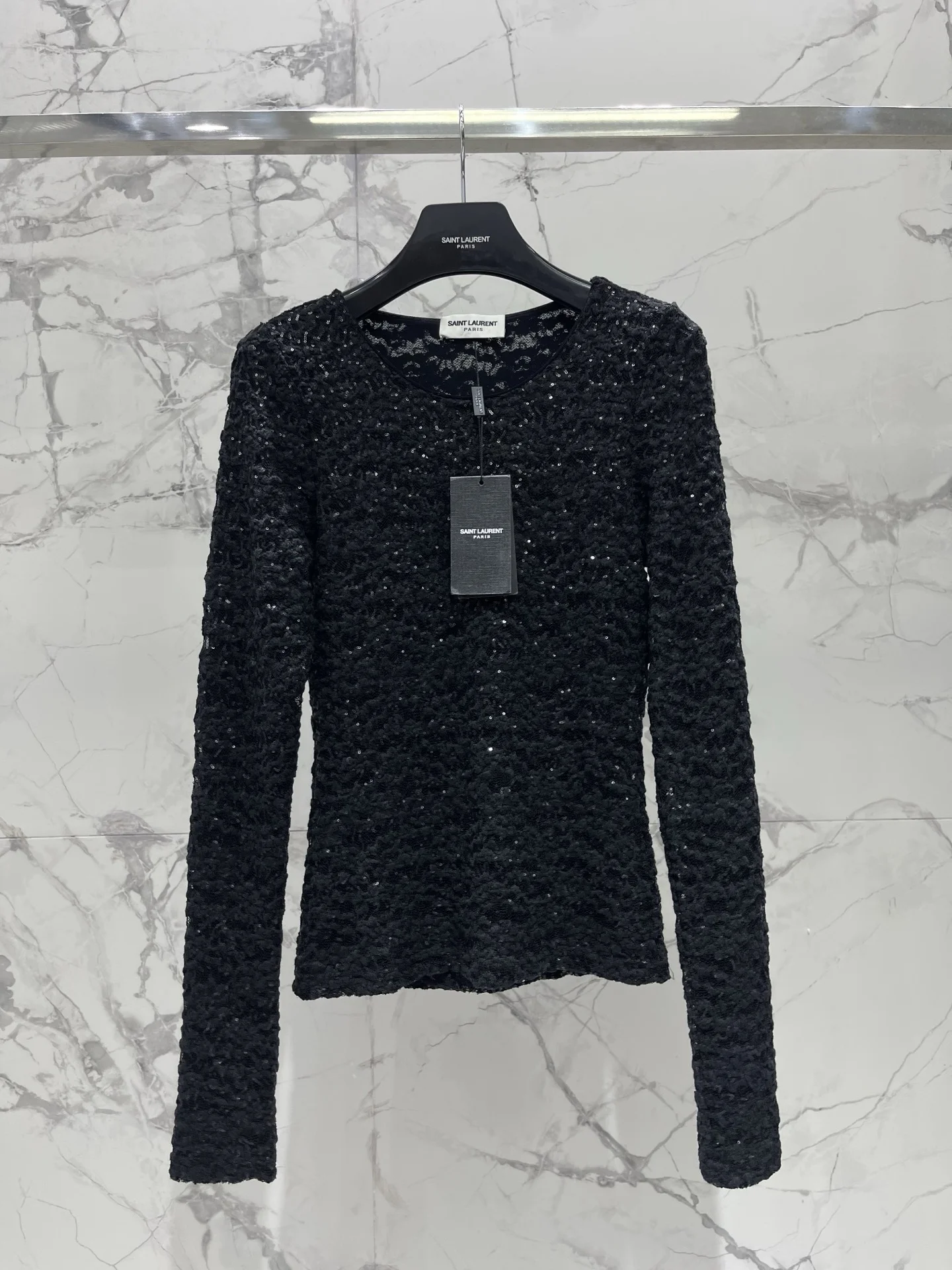 Блузка черная Saint Laurent из фактурной ткани с блестками