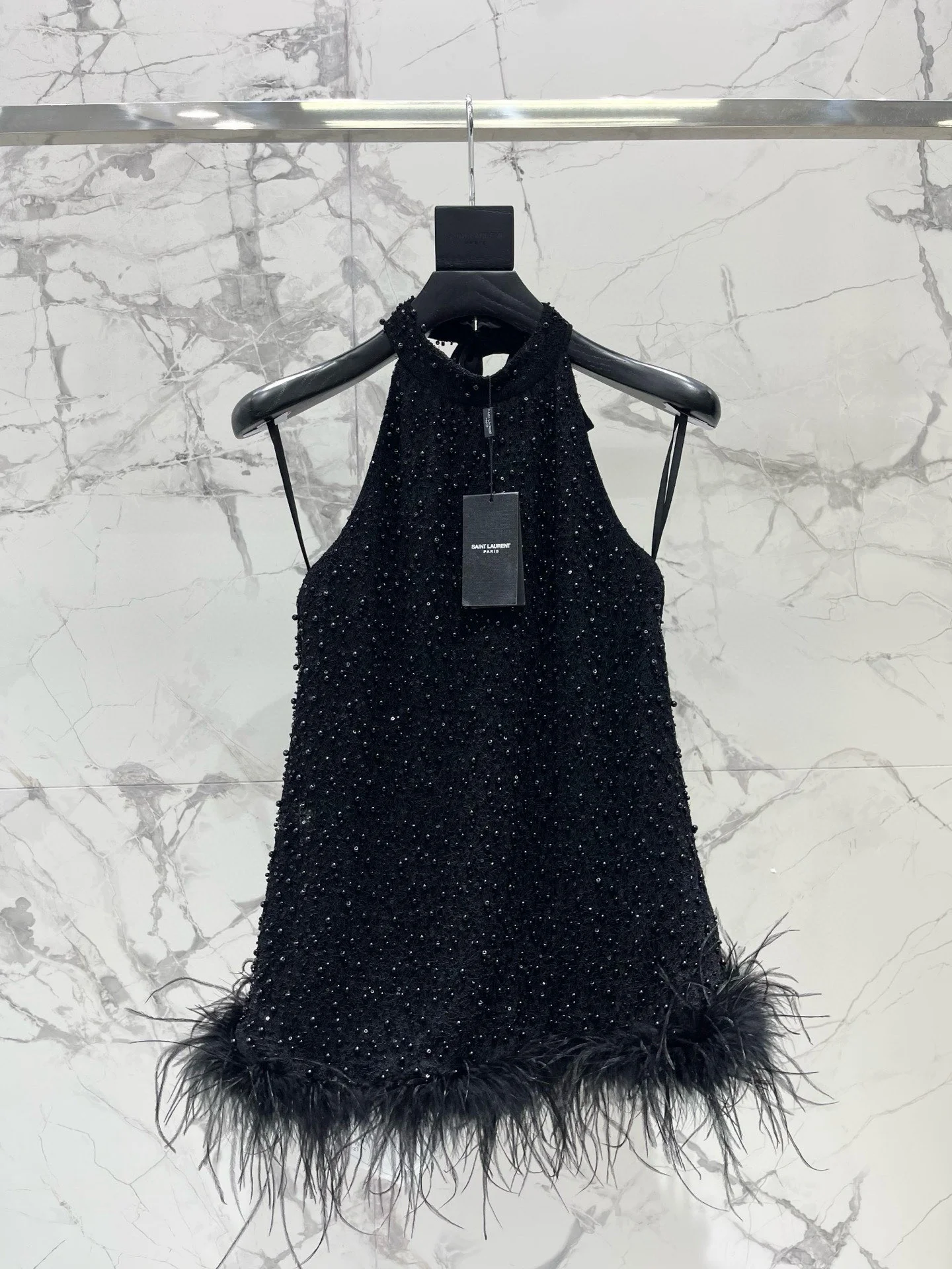 Топ Saint Laurent черный с пайетками и перьями - изображение 1