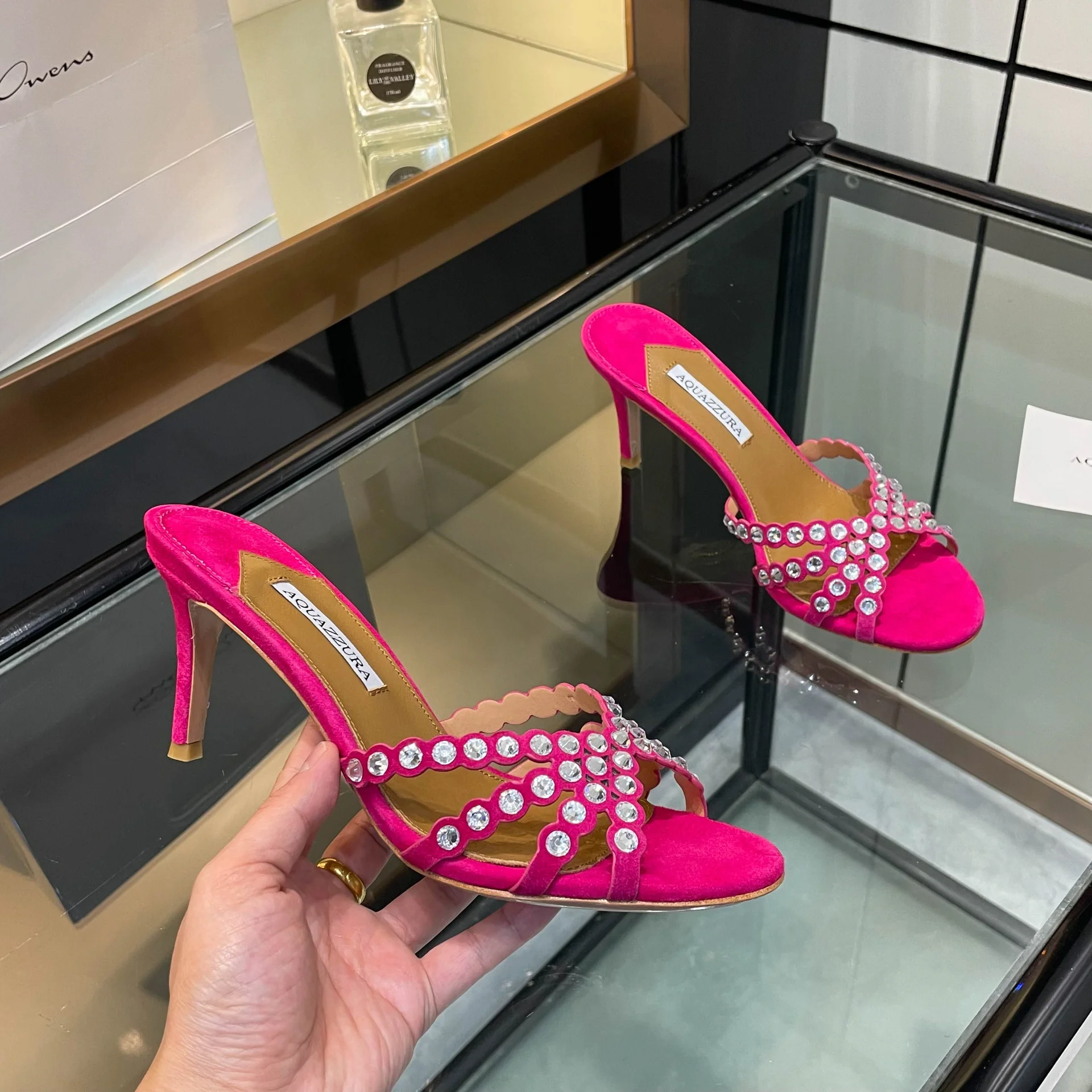 Aquazzura Розовые женские босоножки со стразами на высоком каблуке