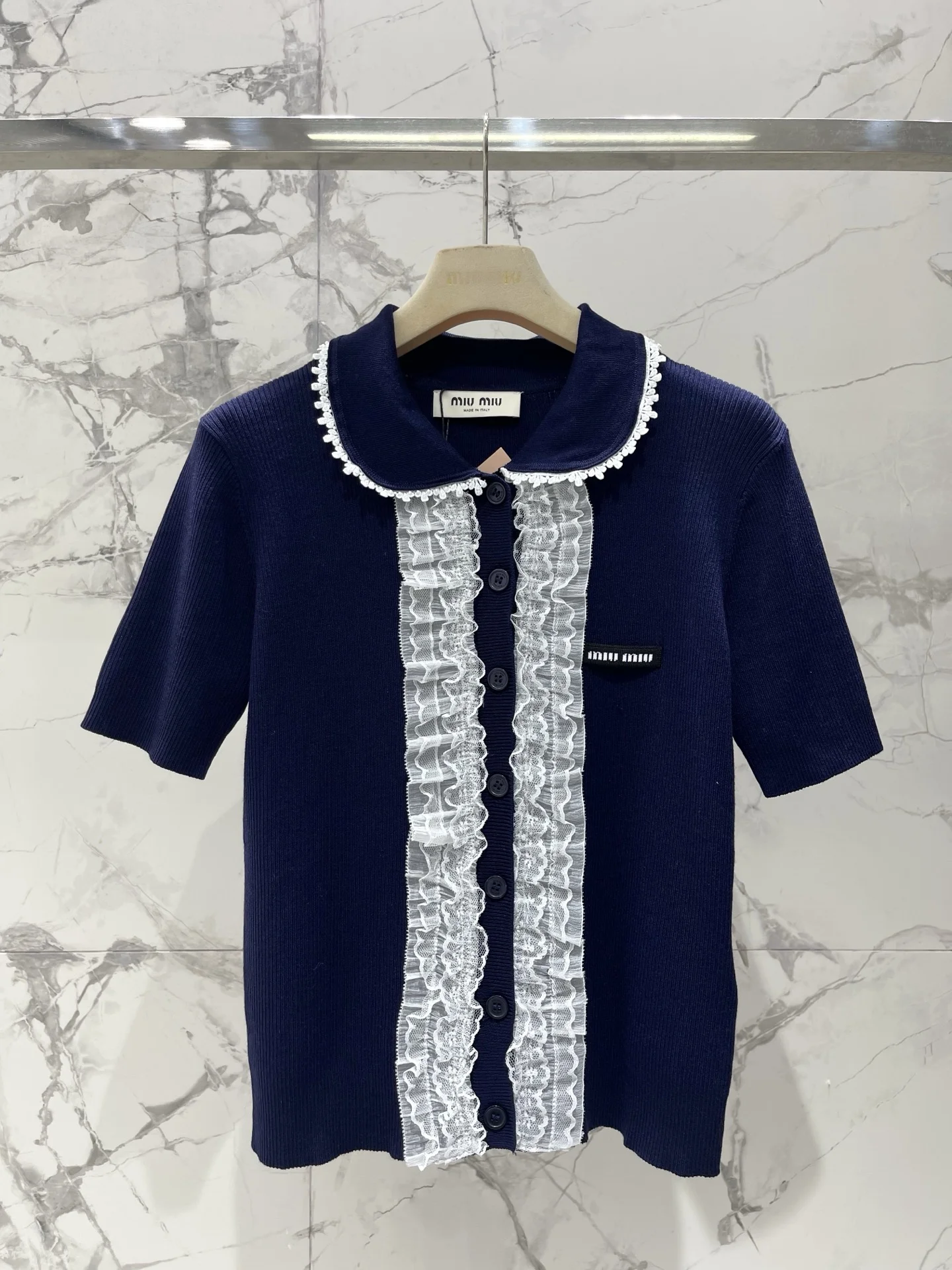 Вязаный топ с воротником и кружевом Miu Miu