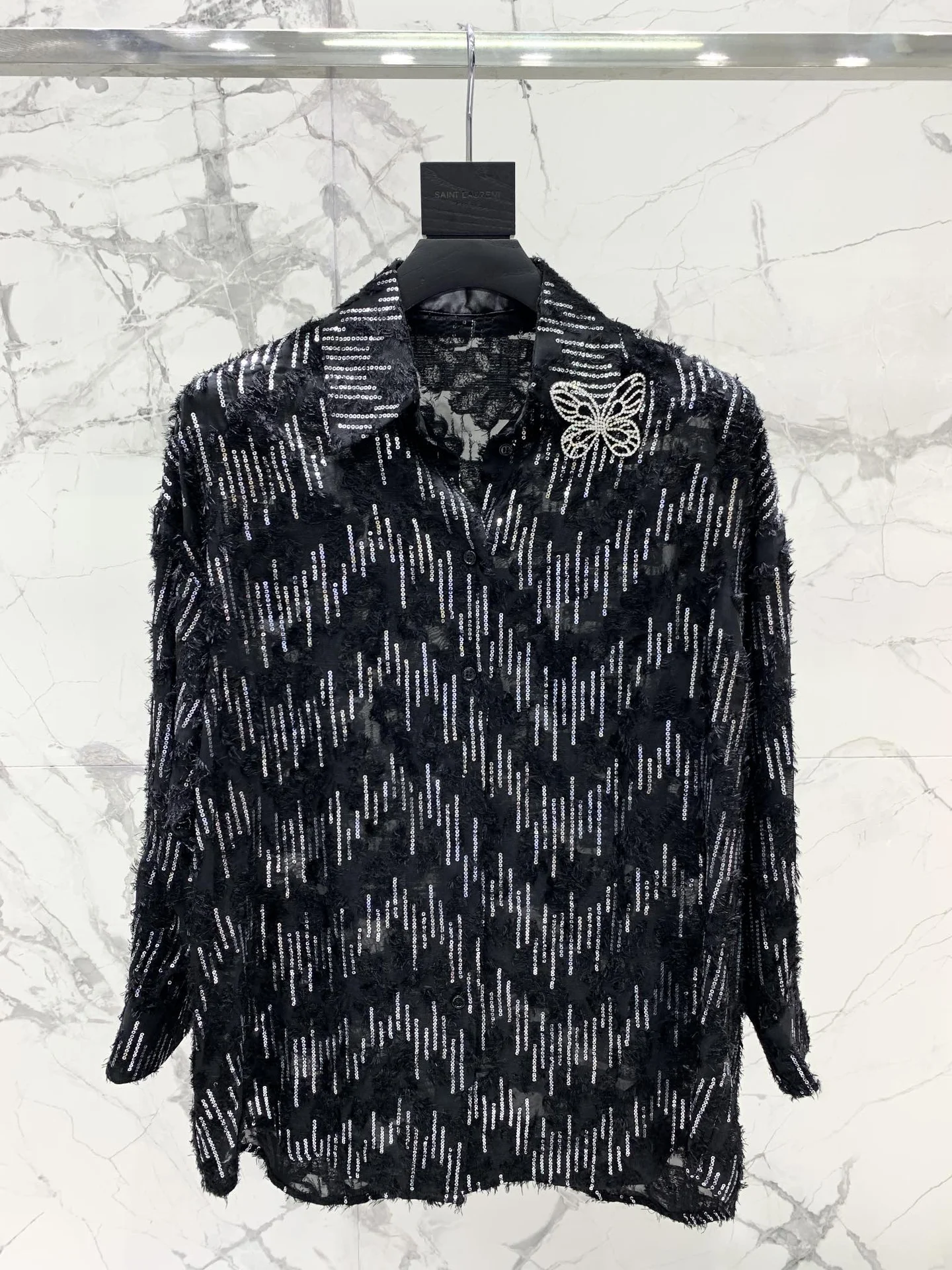 Блуза Saint Laurent черная с пайетками и брошью - изображение 1