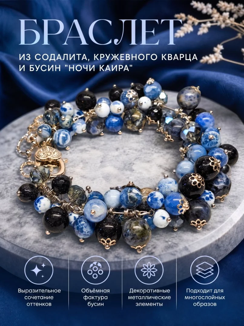 браслет 3 д из содадита,кружевного кварца и бусин "Ночи Каира" - миниатюра 5