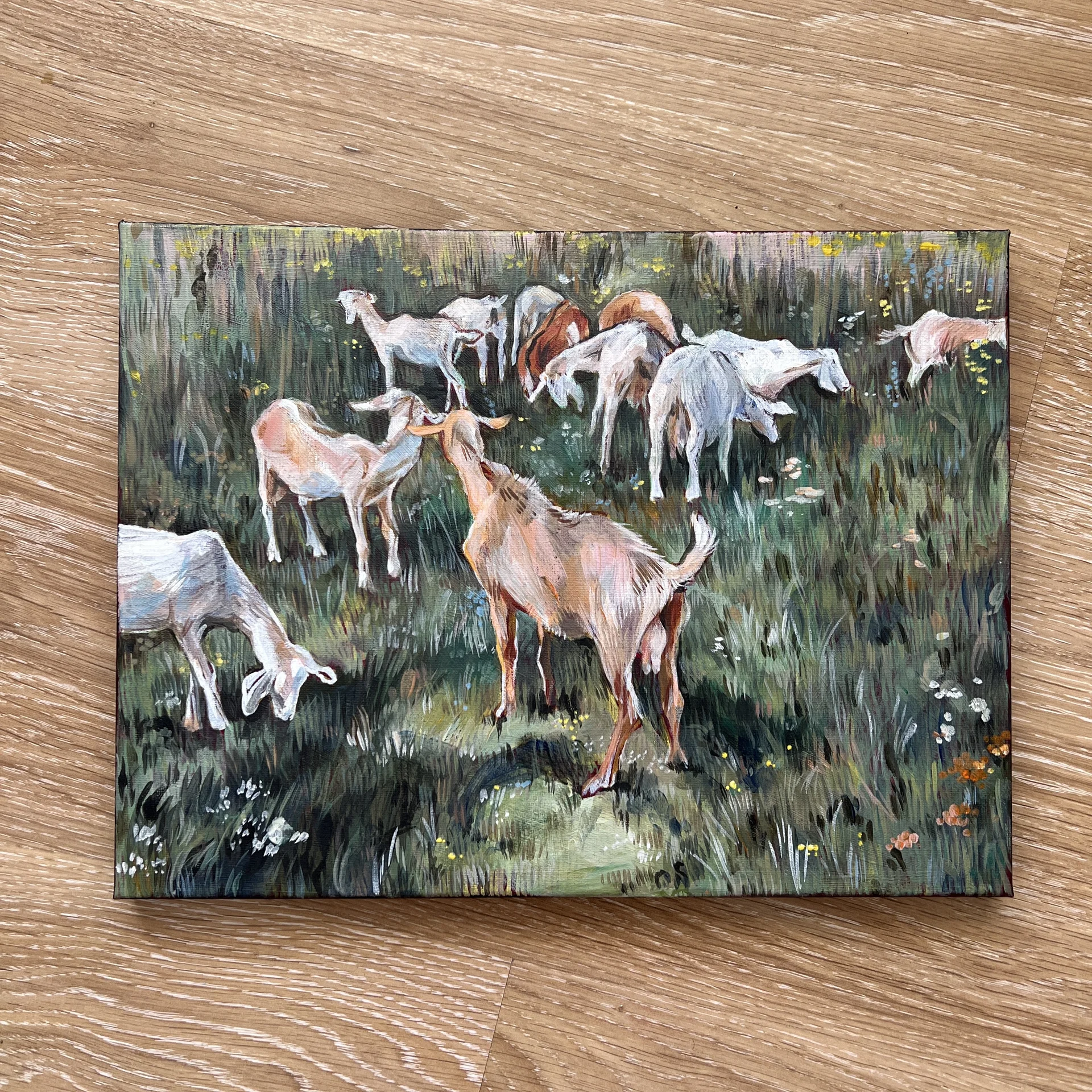 авторская картина с козами, акрил на холсте 30 × 4