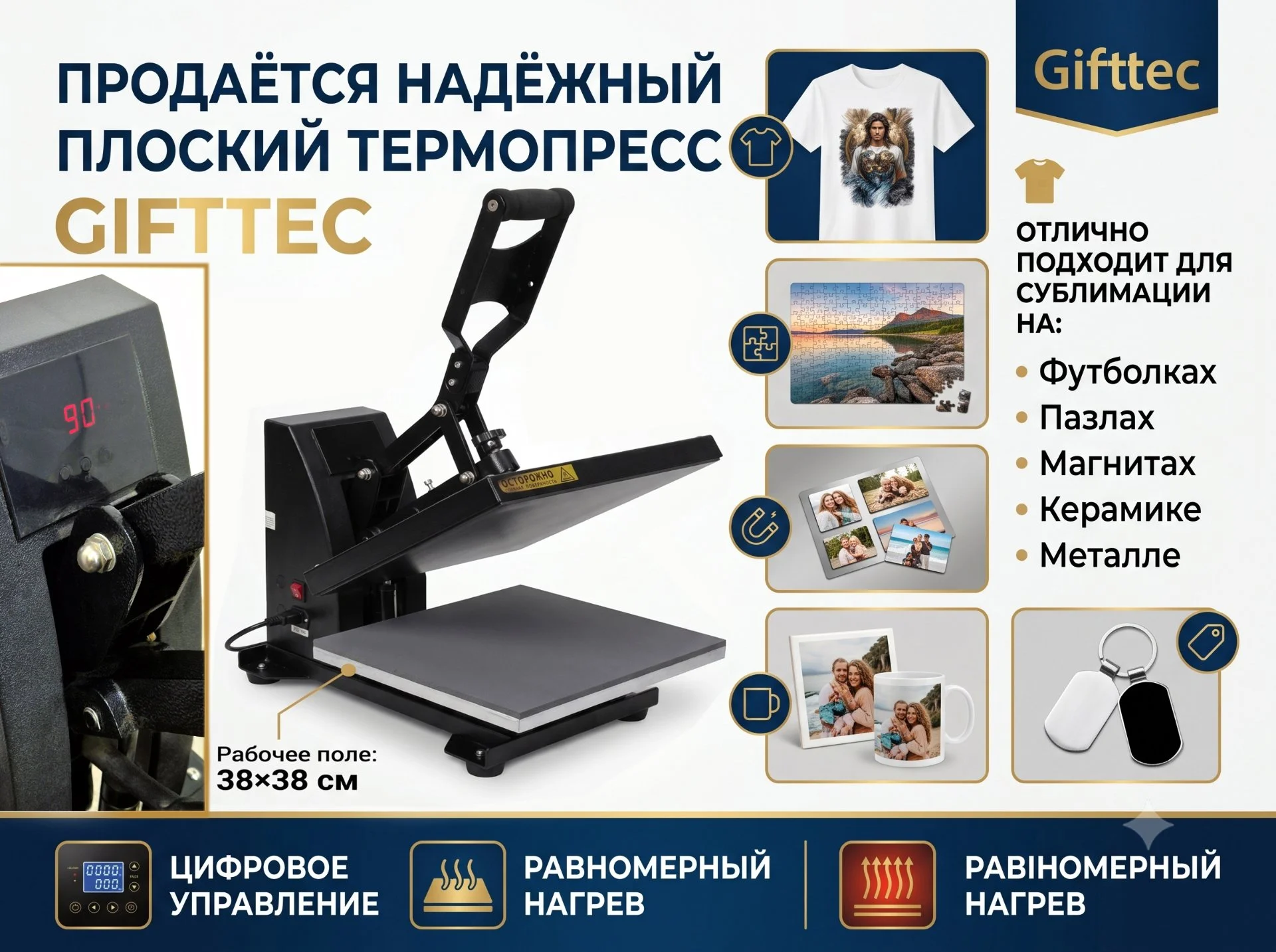 Термопресс плоский Gifttec 38х38 - изображение 1