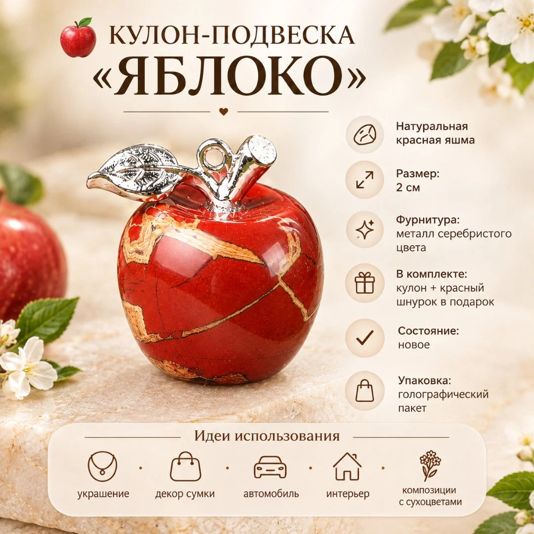 Кулон подвеска «Яблоко» из натуральной красной яшмы - изображение 1
