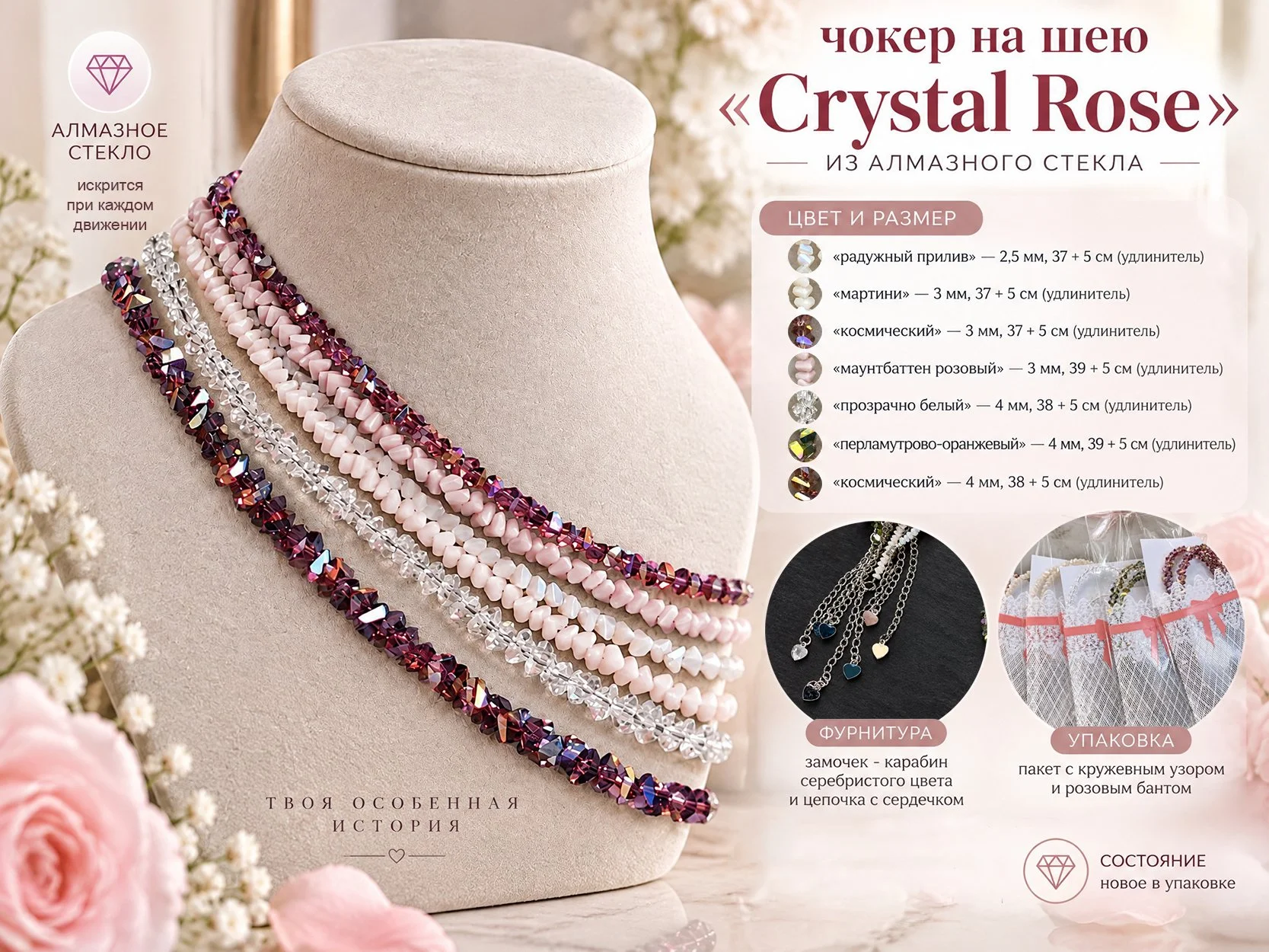 🌸 Комплект из 7 чокеров на шею «Crystal Rose» - изображение 1