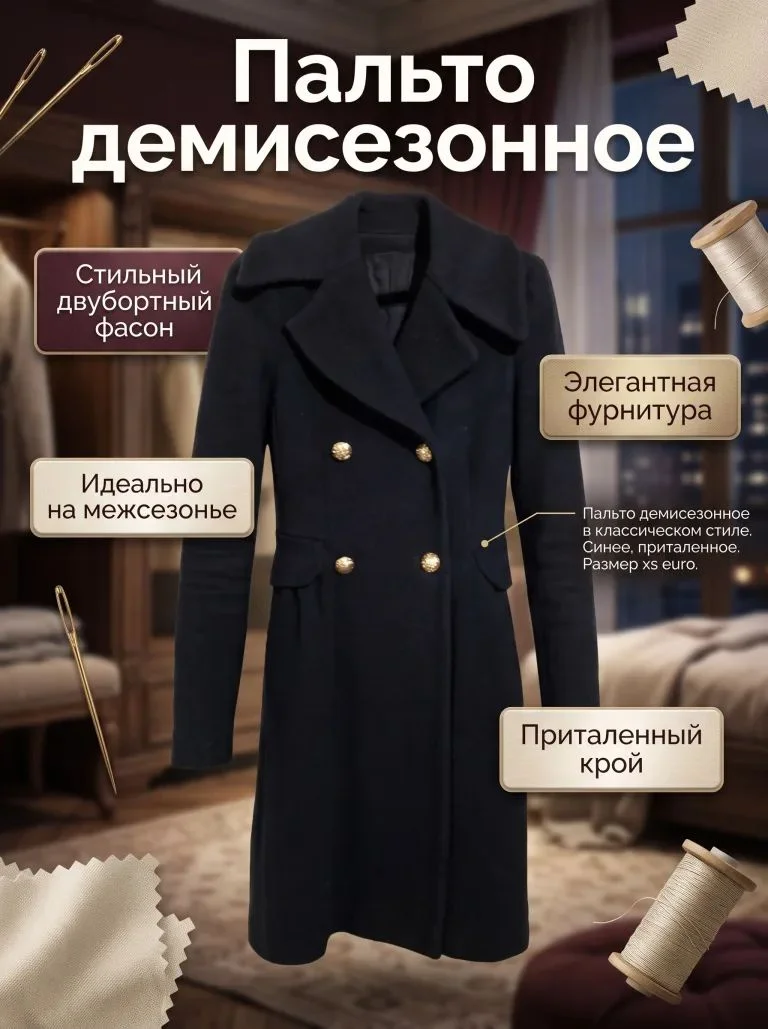 Синее демисезонное пальто XS euro. Классика. - миниатюра 2