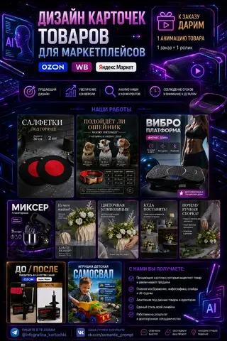 Создание карточек для Ozon, WB и Яндекс Маркет: инфографика, Rich-контент, AI-визуал