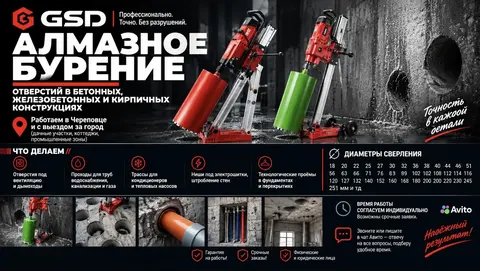 Алмазное бурение отверстий в бетоне, кирпиче, жбт