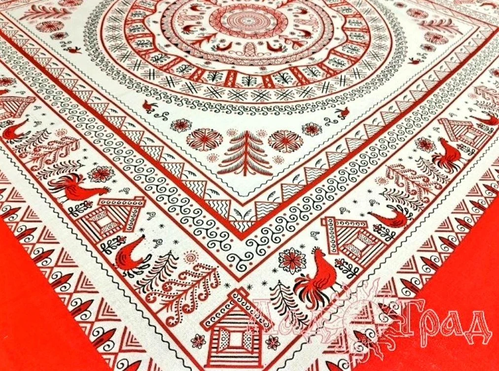 Платок шейный Мезенская роспись. Петух и Курочка - миниатюра 5