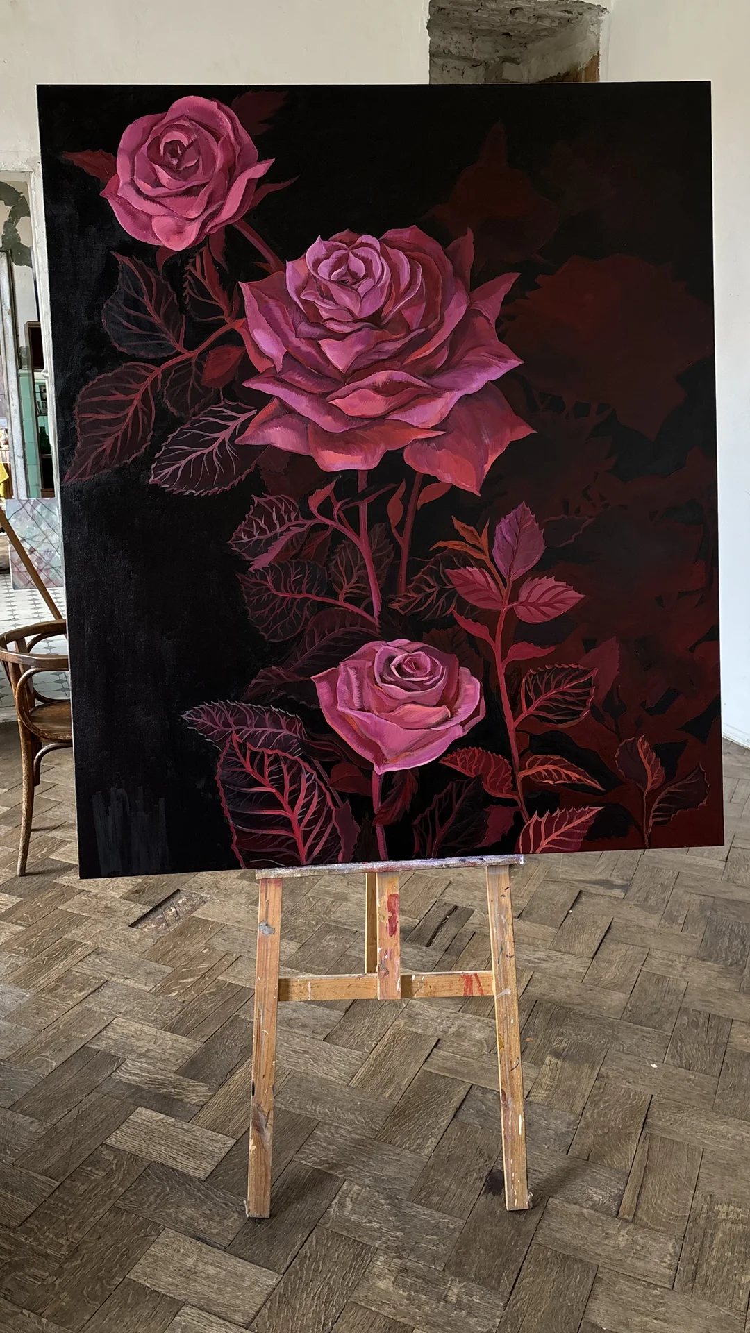 Картина маслом «Розы на чёрном фоне» — 140×140 - миниатюра 6