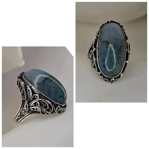 Серебряное  кольцо
голубой агат
 скань 925 проба