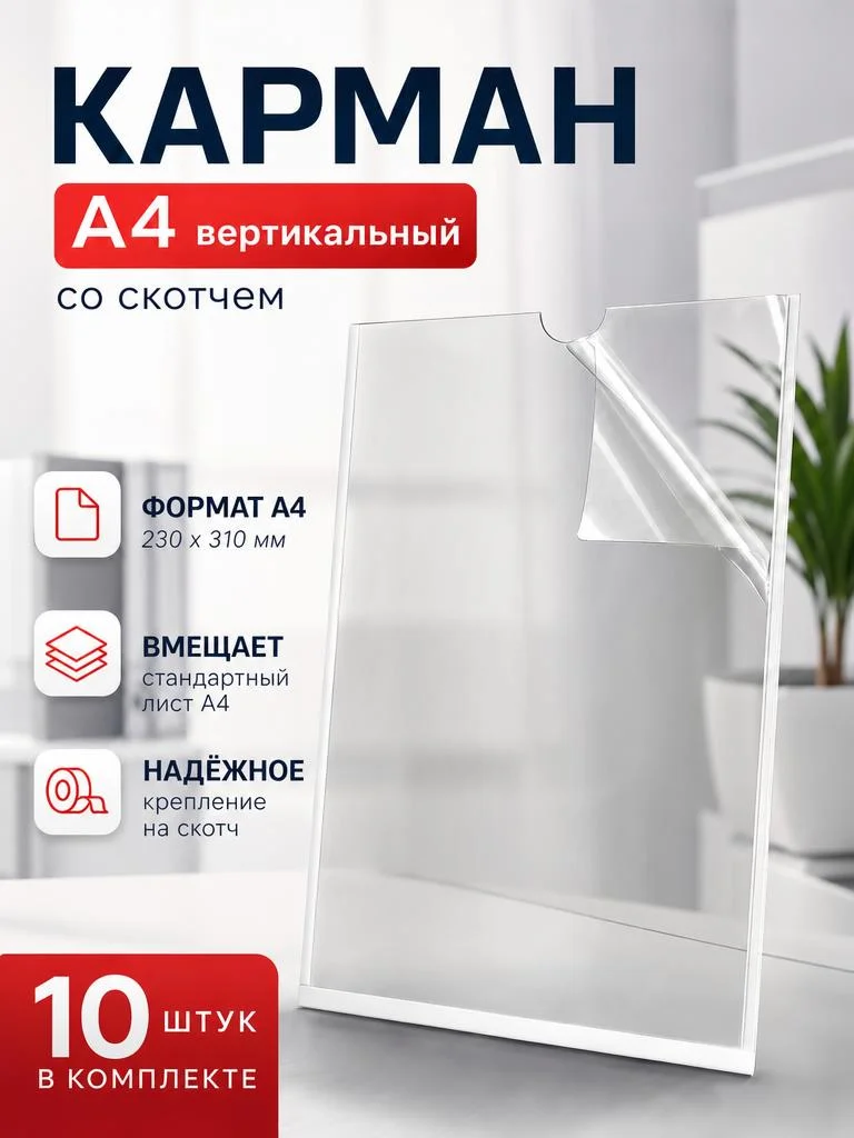 Карманы самоклеящийся для стендов А4 вертикальные 10 шт - изображение 1