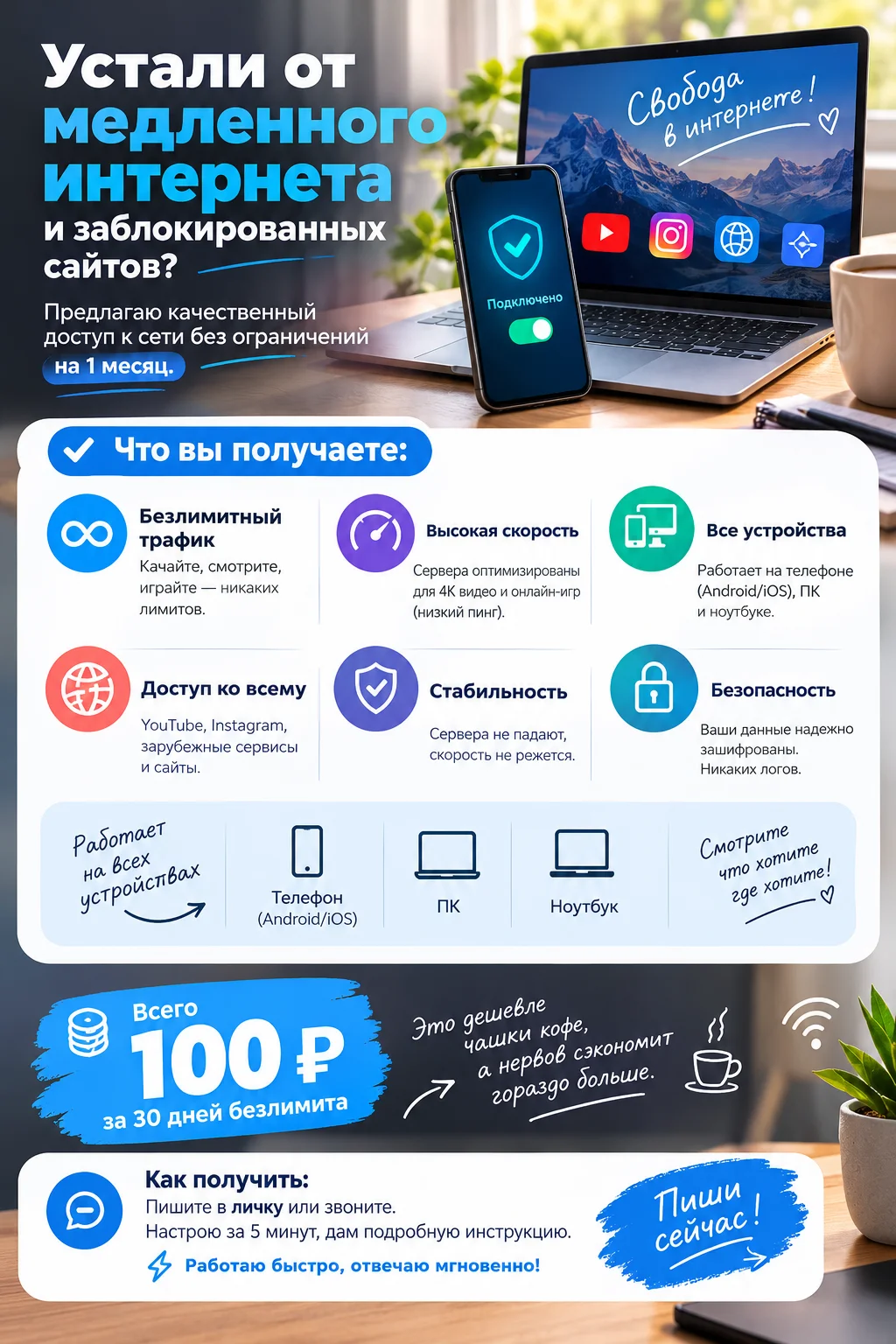 Быстрый доступ VPN (ВПН) на месяц. Безлимит. - изображение 1