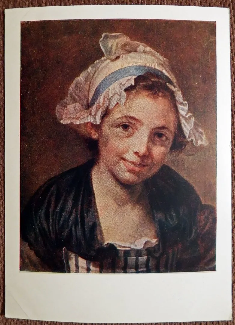Открытка. Жан Батист Грез. Голова девушки. Живопись. 1958 год
