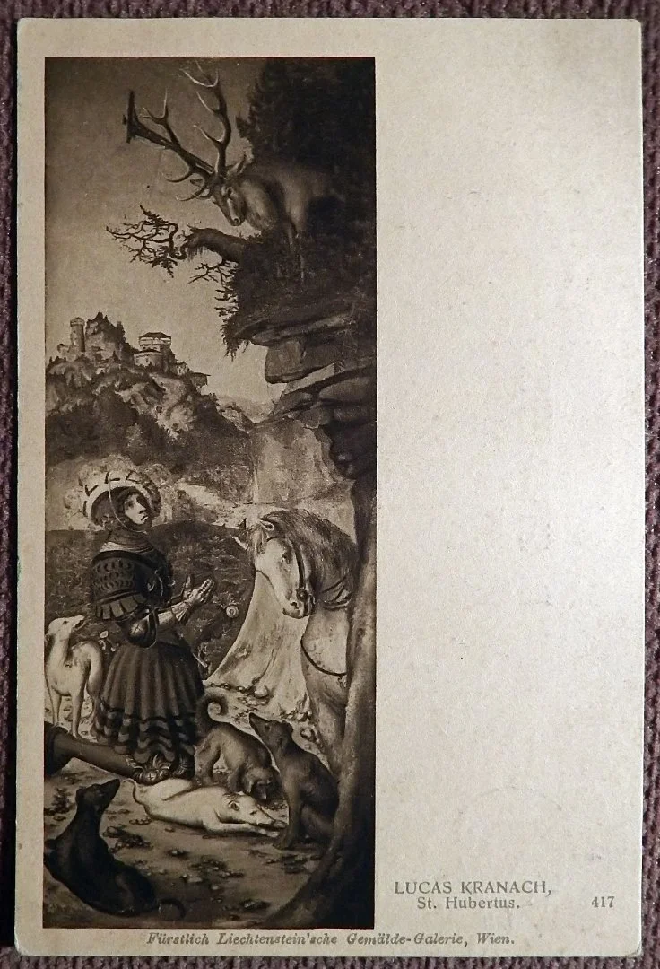 Антикварная открытка. Л. Кранах. Святой Губерт (покровитель охотников). Живопись