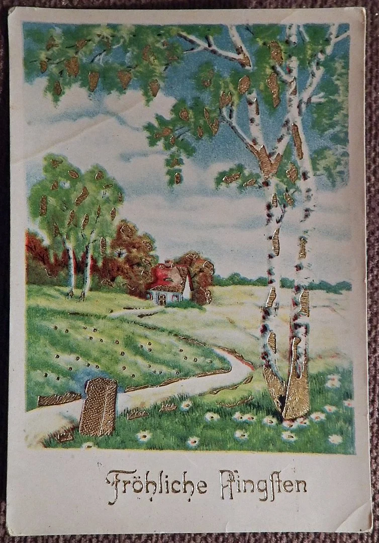 Антикварная открытка. Веселой Пятидесятницы. Германия. Лак, фольга - изображение 1