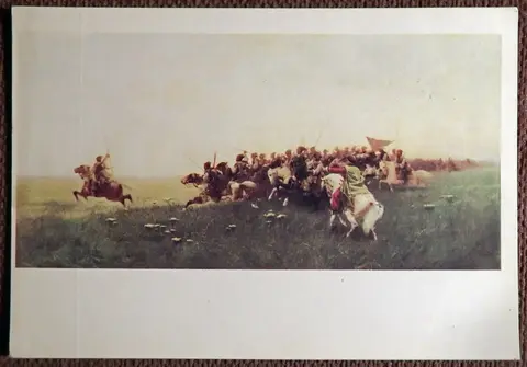 Открытка. Ф. Рубо. Атака запорожцев в степи. Живопись. 1982 год