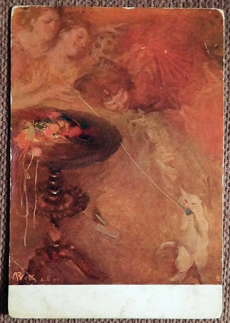 Антикварная открытка. А. Протта. Кис-кис. Кот. Игра с котом. Девушки - изображение 1