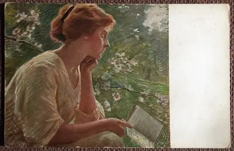 Антикварная открытка. Ж. Пиччони. В раздумье. Девушка