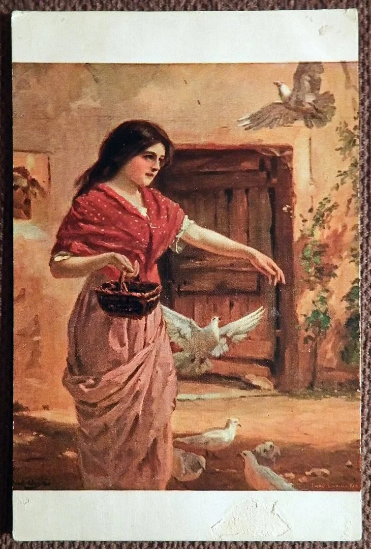 Антикварная открытка. А. Буае. Голуби. Девушка - изображение 1
