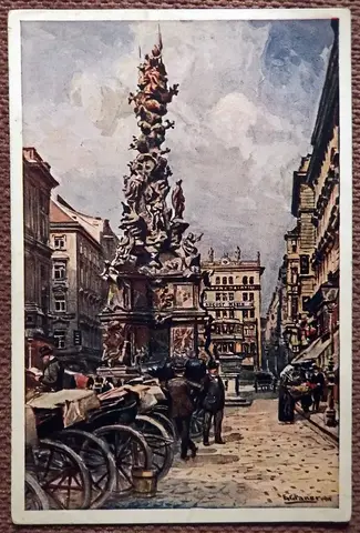 Антикварная открытка. Вена. Улица Грабен. Колонна Св. Троицы (Чумная колонна). Живопись