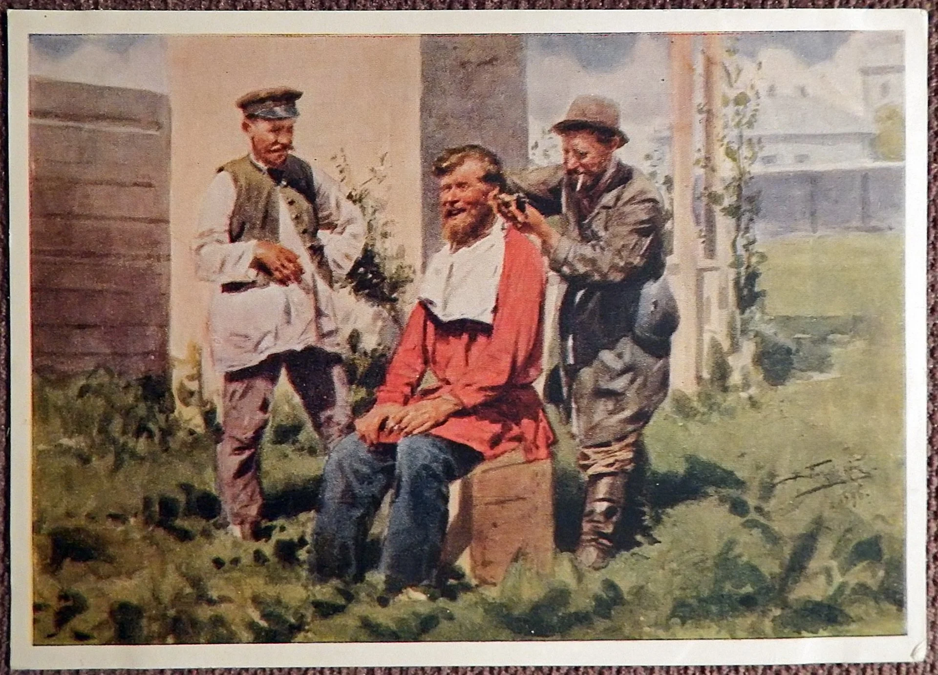 Открытка. Маковский. Деревенский парикмахер. Живопись. 1956 год - изображение 1