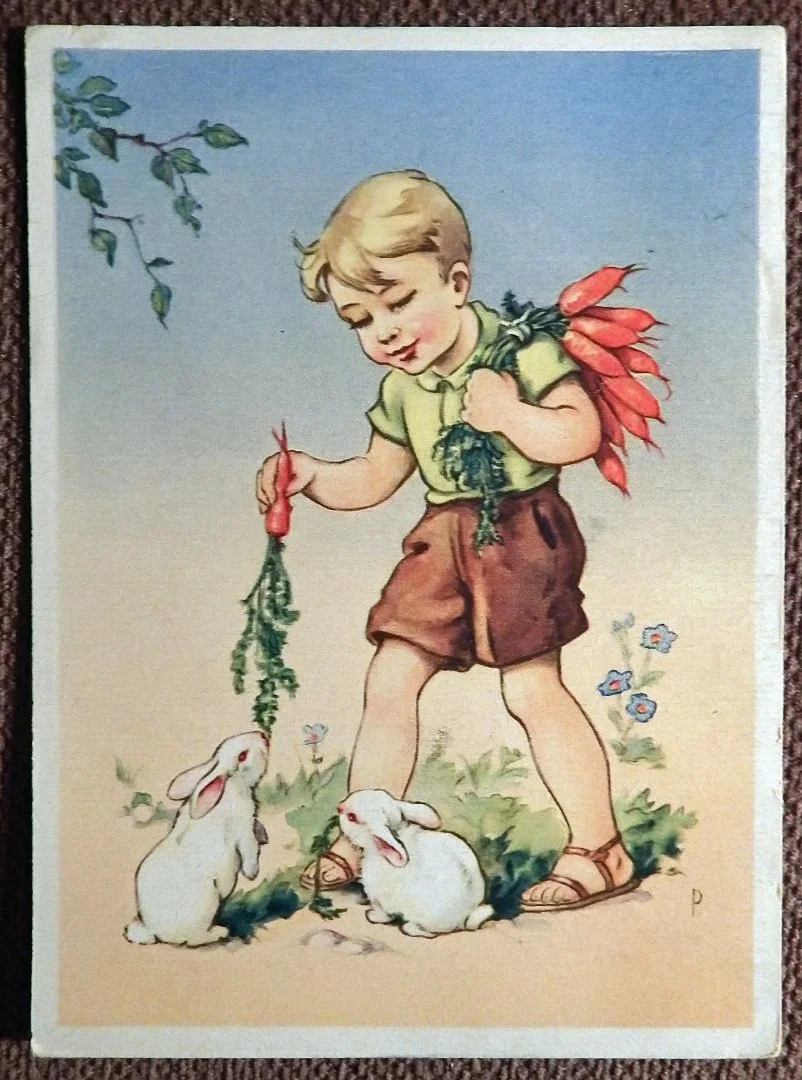 Открытка. Угощение кроликам. Мальчик. Дети. Германия. 1930-е годы - изображение 1