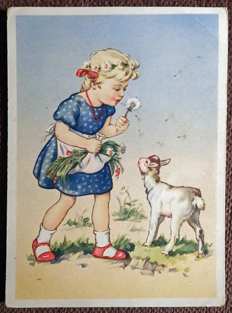 Открытка. Девочка с одуванчиком. Козленок. Дети. Германия. 1930-е годы - изображение 1