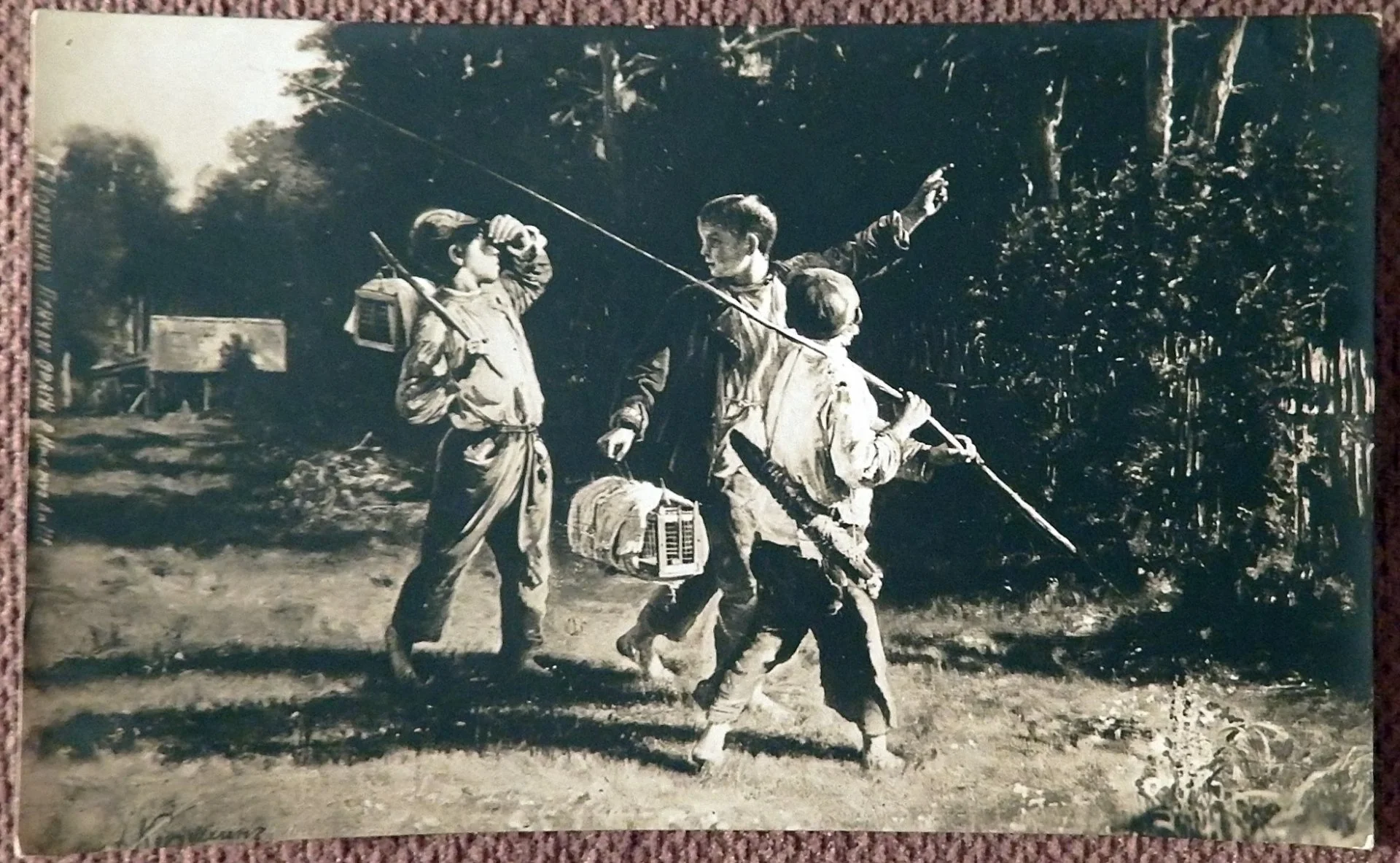 Антикварная открытка. Корзухин. Птичьи враги. Живопись - изображение 1