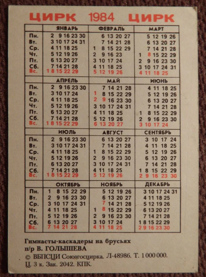 Карманный календарь. Цирк. Гимнасты-каскадеры п/у Голышева.1984 год - миниатюра 2