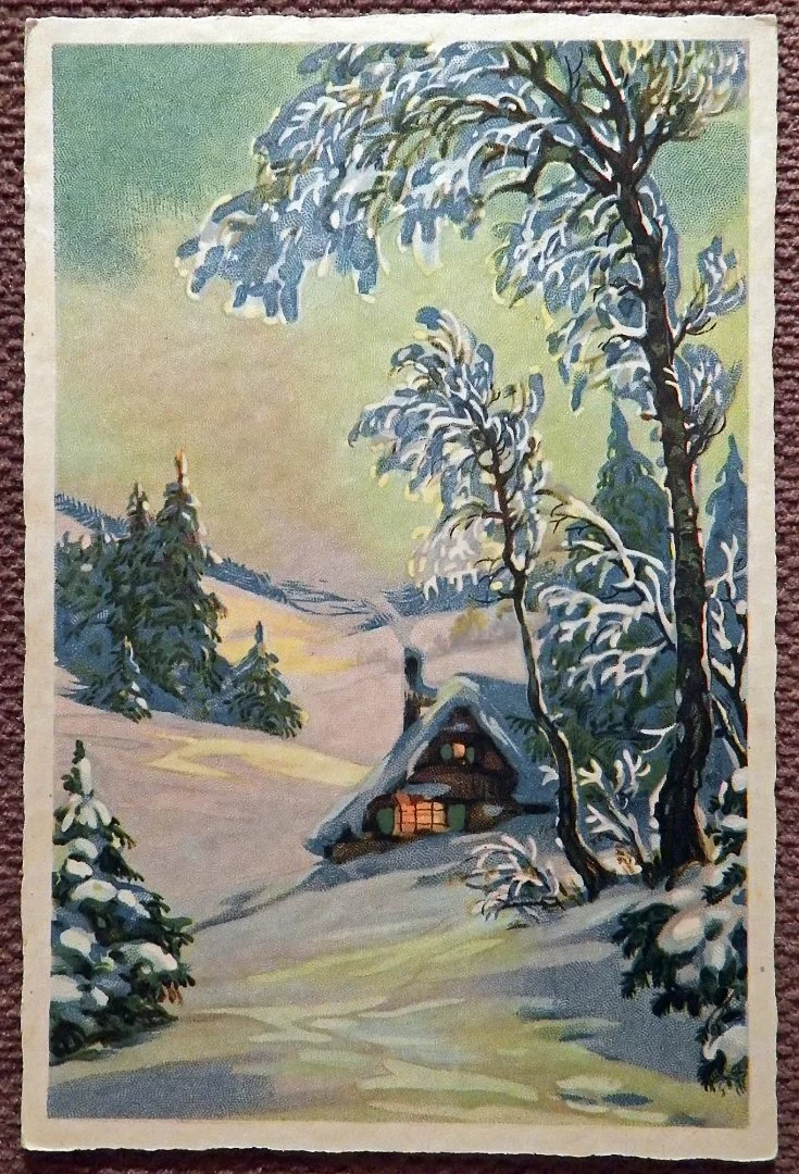 Антикварная открытка. В предгорье зимой. Пейзаж - изображение 1
