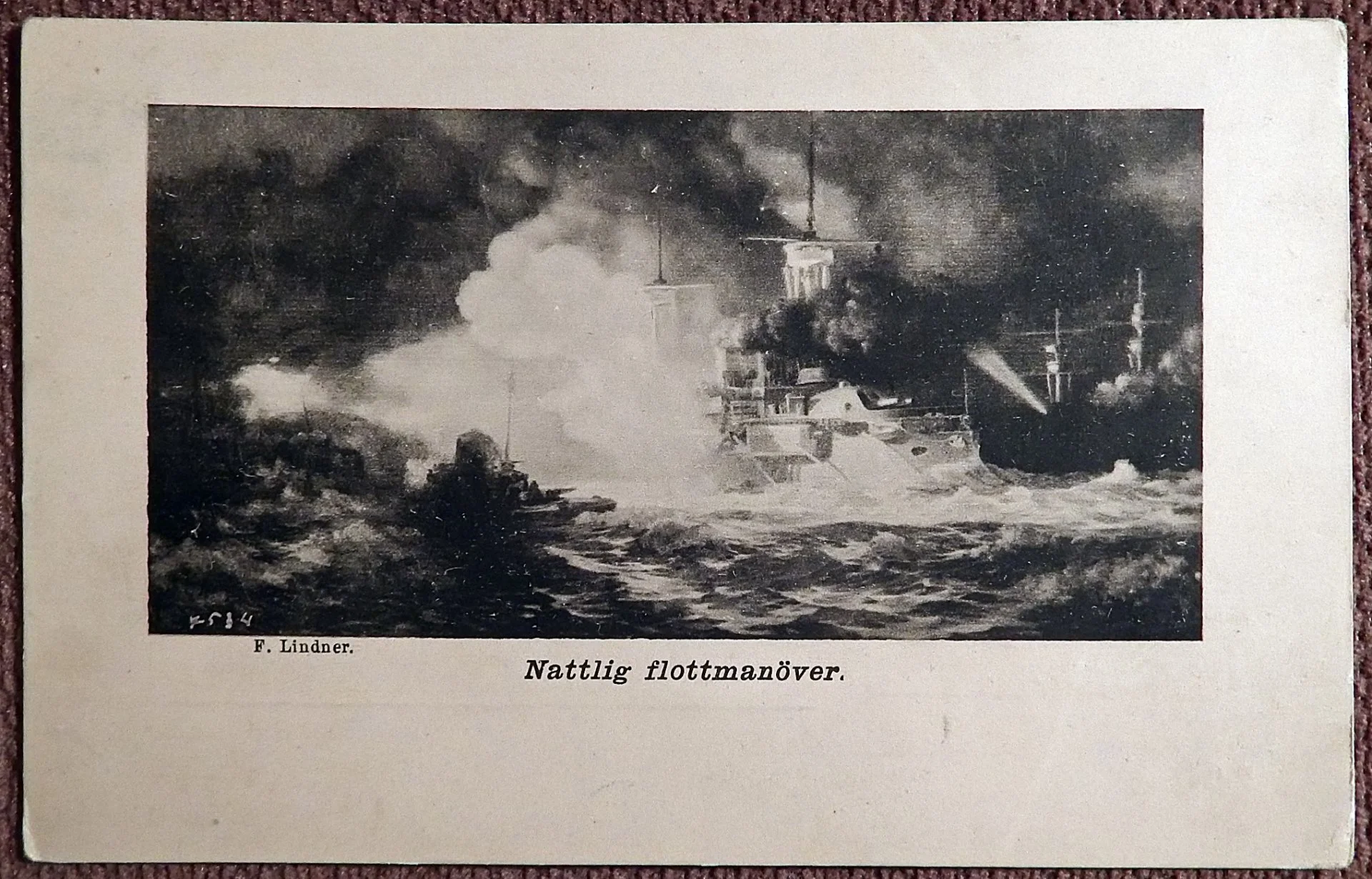 Антикварная открытка. Ф. Линднер. Ночной военно-морской маневр. Корабль. Живопись - изображение 1