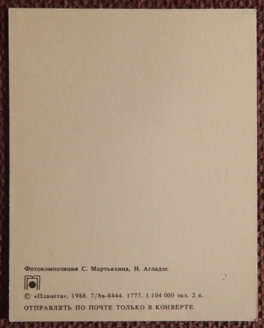 Мини-открытка. Анютины глазки. Композиция. Цветы. 1987 год - миниатюра 2