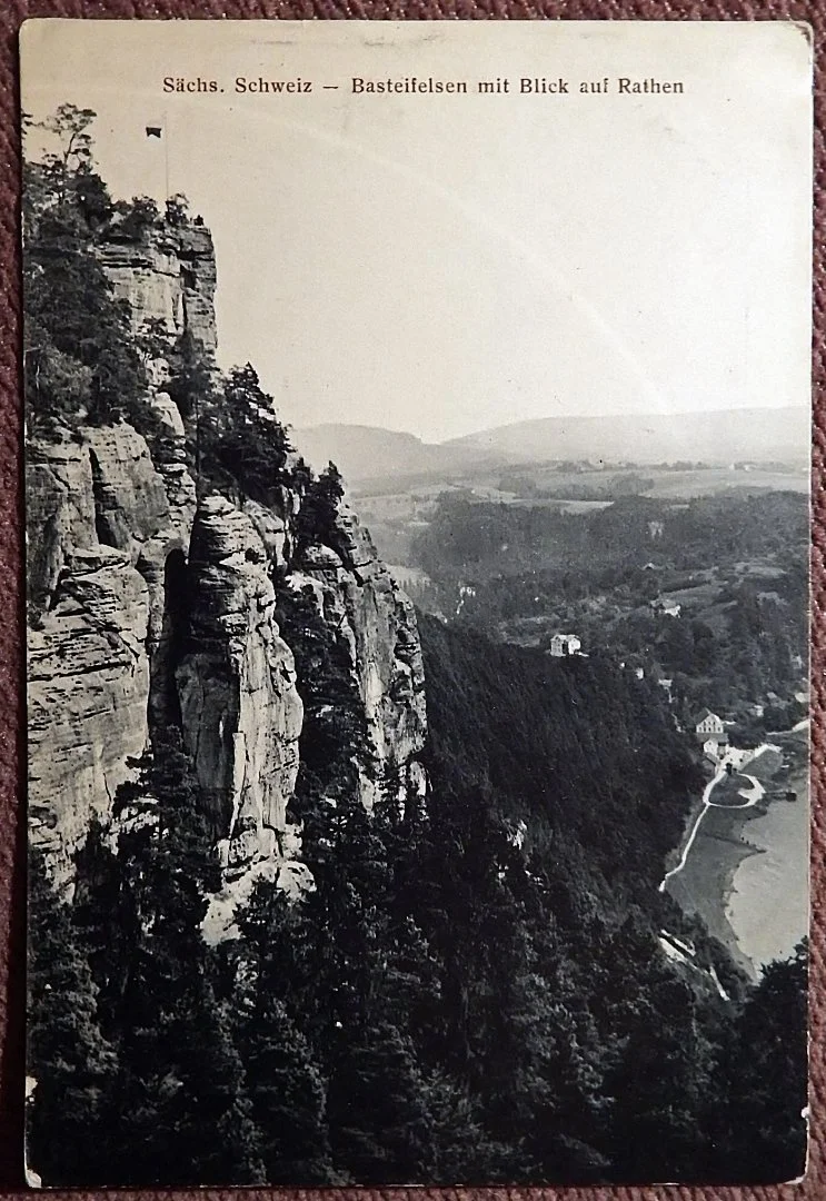 Антикварная открытка. Саксонская Швейцария. Бастай-скала с видом на Ратен. Германия
