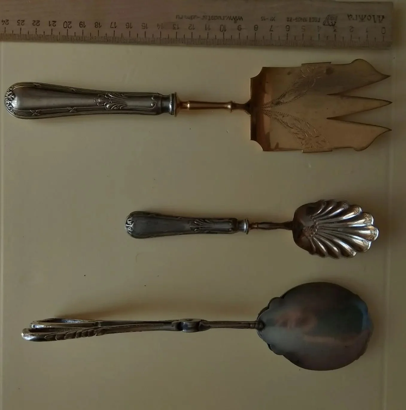 лопатка и ложки, серебрение, золочение, гравировка, Франция,19 век - изображение 1