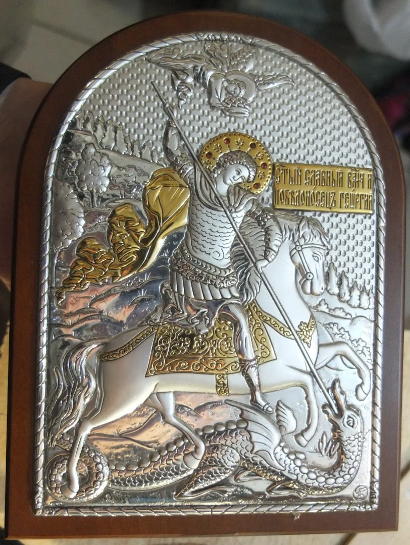 серебряная икона Георгий Победоносец, серебро 960 пр, подарочная